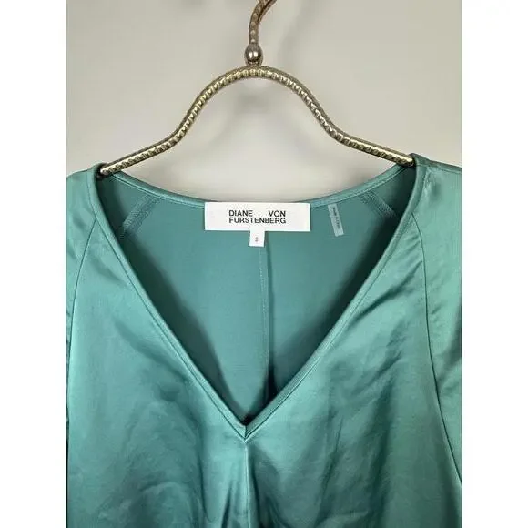Diane Von Furstenberg Teal Gathered Front Satin V-Neck Blouse - Size - 2 - Picture 4 of 5